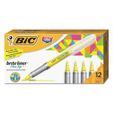 BIC BRITE LINER HIGHLIGHTER, FLEX TIP FOR BROAD HIGHLIGHTING & FINE UNDERLINING, YELLOW, 12-COUNT