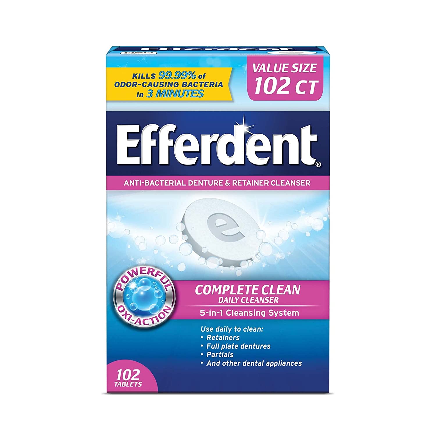 Efferdent Denture & Retainer Cleanser Tablets Complete Clean 102 Tablets