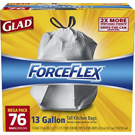 Glad ForceFlex Tall Kitchen Drawstring Trash Bags, 13 Gallon, 76 Count