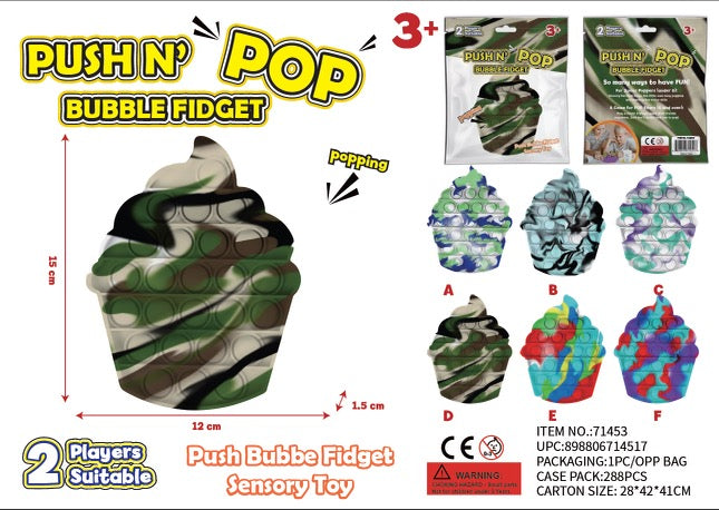 Bubble Fidget Toy - Push N' Pop Large - Dino, Rainbow, Alien, Bus, Cupcake