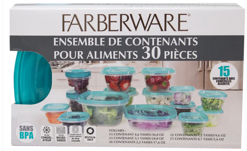 Farberware 30-Piece Plastic Food Storage Container Set, Aqua