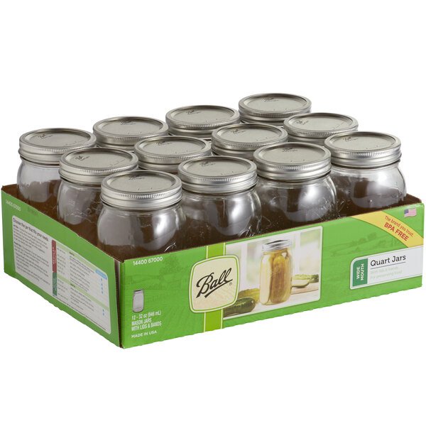 Ball 67000 32 oz. Quart Wide Mouth Glass Canning Jar with Silver Metal Lid and Band - Bulk - 12/Case