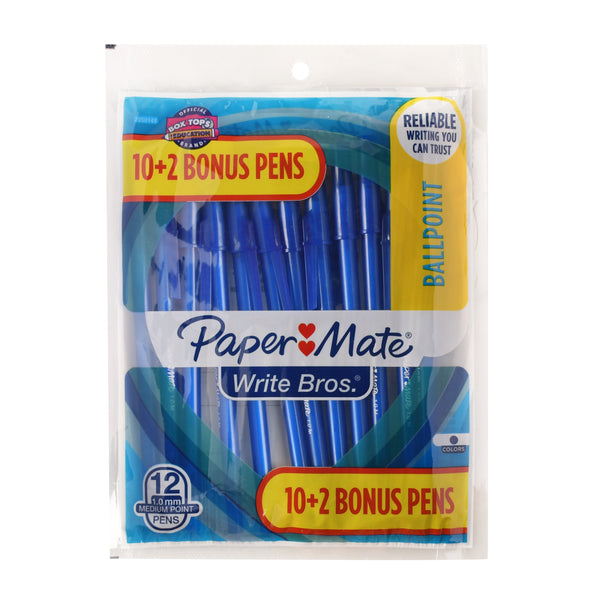 Paper Mate Write Bros Ballpoint Pens, Medium Point, Blue, 12 Count