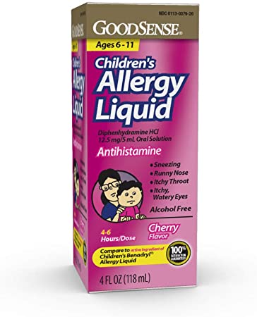 GoodSense Children's Allergy Relief, Diphenhydramine HCl 12.5 mg/5 mL Oral Solution, Antihistamine, Cherry Flavor, 4 Fluid Ounces
