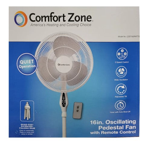 Comfort Zone 16"Oscillating Stand Fan w/Remote - White