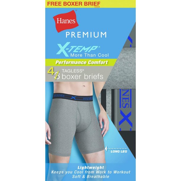Hanes Men's 4 Pack Premium X-Temp Cotton Long Boxer Brief  Underwear