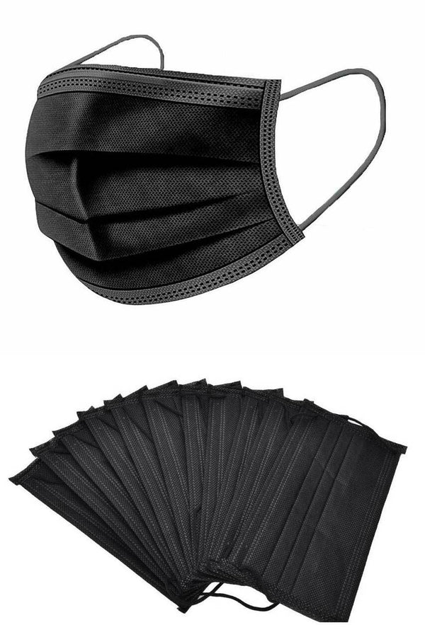 BLACK 3-PLY DISPOSABLE FACE MASKS - 10 PACK