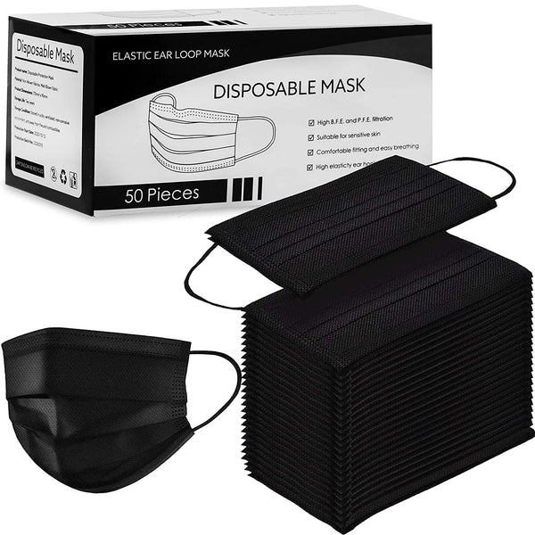 50 Pack BLACK Disposable Face Masks - Box of 50 masks