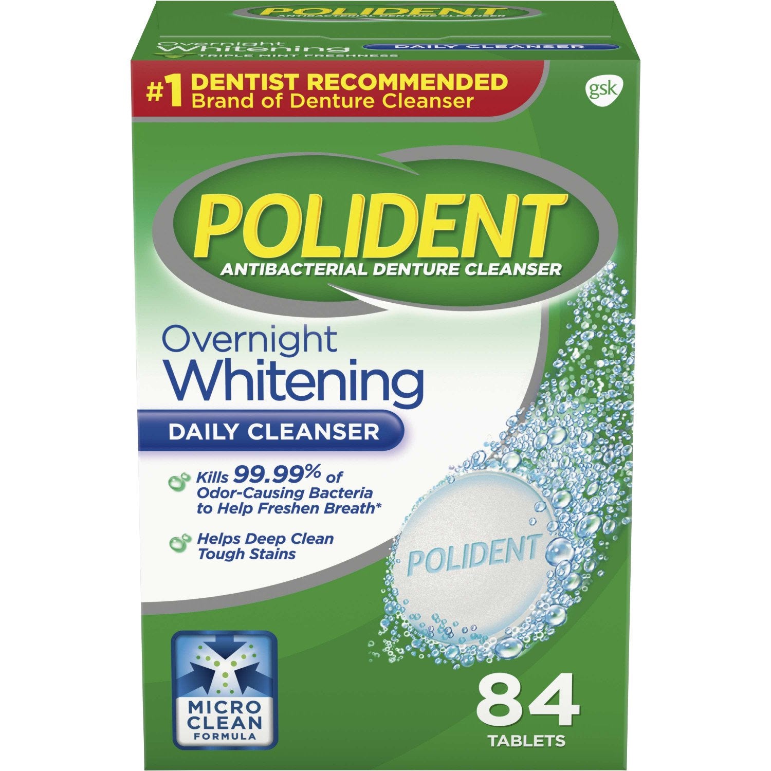 Polident Overnight Whitening Antibacterial Denture Cleanser Tablets 84 CT