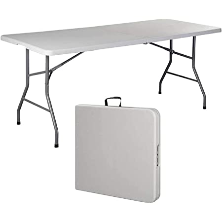 6 Foot White Plastic (Resin) and Metal Heavy-Duty Easy-Carry Double Folding Table