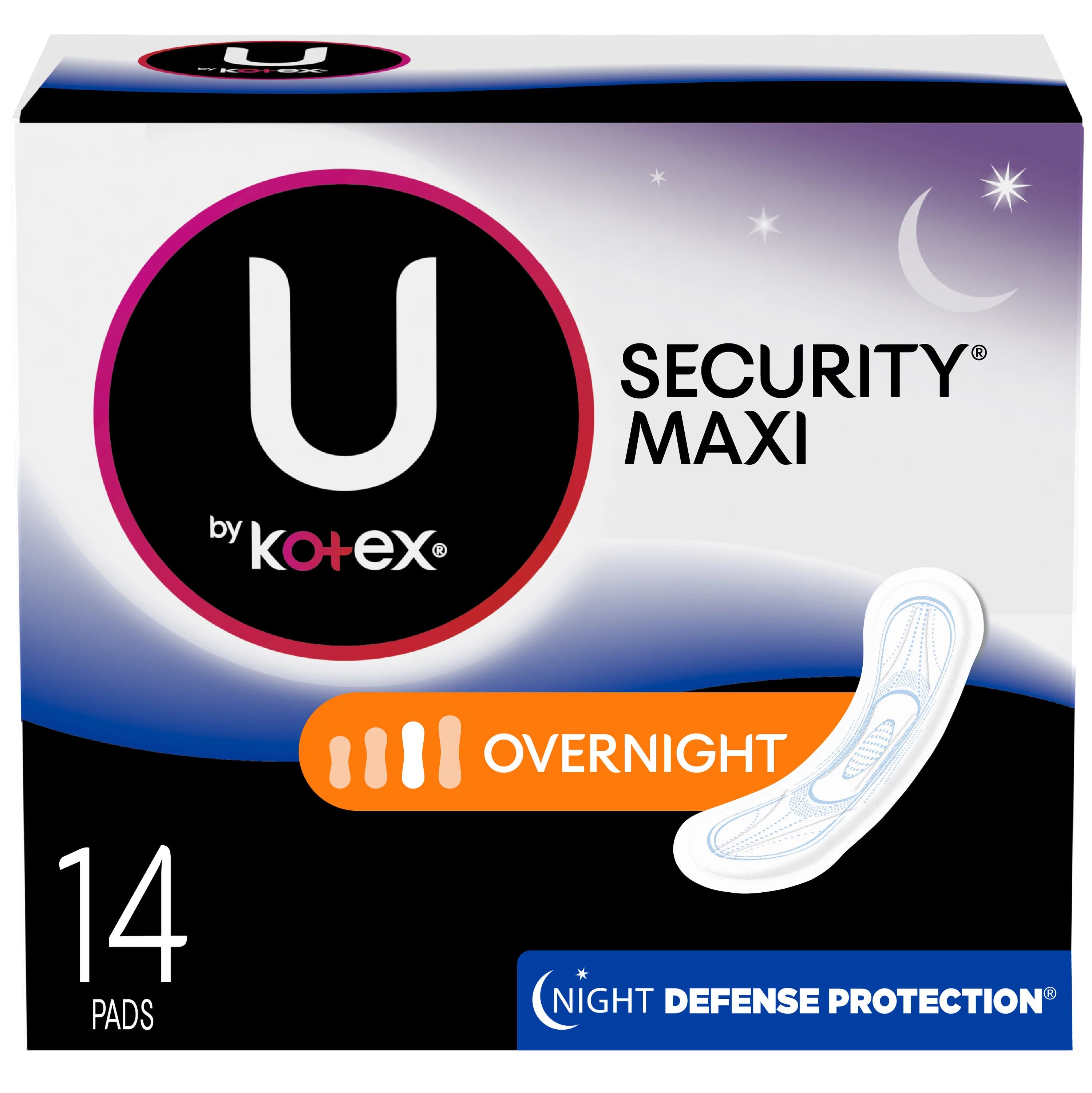 Kotex Maxi Overnight Pads, Regular, Unscented, 14 Count.